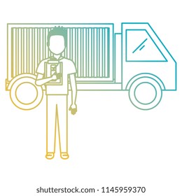delivery worker with checklist and truck