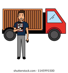 delivery worker with checklist and truck