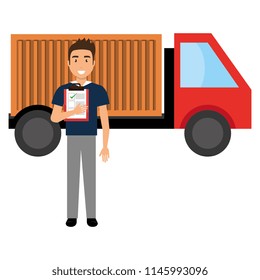 delivery worker with checklist and truck