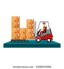 delivery worker driving forklift with boxes