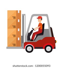 delivery worker driving forklift with boxes
