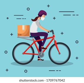 Delivery Worker Female Using Face Mask In Bike Vector Illustration Design