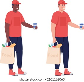 Trabajador de entrega con juego de caracteres vectoriales de color semiplano de alimento. Figura permanente. Gente de cuerpo entero en blanco. Ilustración de dibujos animados modernos y aislados de servicios para el diseño gráfico y la colección de animación