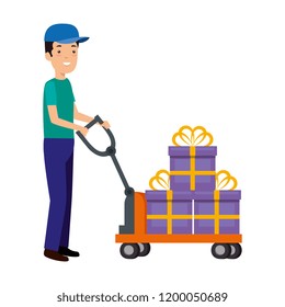 delivery worker with gifts in cart