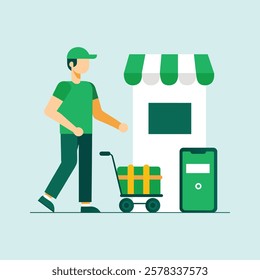 Delivery Worker in Green Uniform Transporting a Package – E-commerce