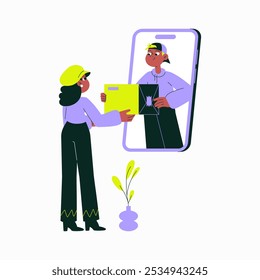 Delivery Worker Handing Box To Customer In Flat Vector Illustration Symbolizing Online Shopping, E Commerce, And Package Delivery, Isolated On White Background