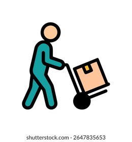 Delivery worker hauling box on dolly. Icon symbol illustration