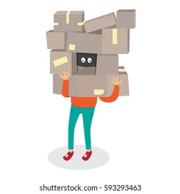 Delivery worker hide by box.Courier Man carrying boxes cartoon vector isolated illustration