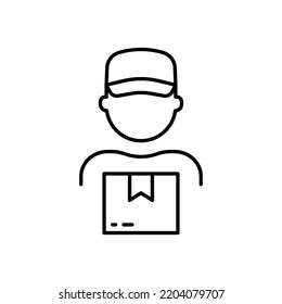 Delivery Worker Holding Parcel Box in Hand Line Icon. Postman Guy in Uniform Cap Linear Pictogram. Shipment Man Courier Deliver Package Outline Icon. Editable Stroke. Isolated Vector Illustration.