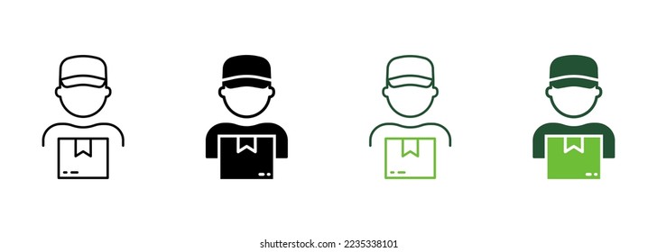 Delivery Worker Holding Parcel Box in Hand Silhouette and Line Icon. Postman Guy in Uniform Cap Pictogram. Shipment Man Courier Deliver Package Icon. Editable Stroke. Isolated Vector Illustration.