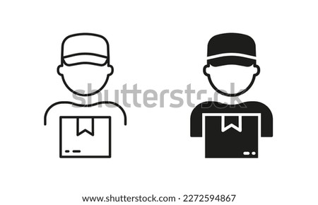 Delivery Worker Holding Parcel Box in Hand Silhouette and Line Icon Set. Postman Guy in Uniform Cap Pictogram. Shipment Man Courier Deliver Package Sign. Editable Stroke. Isolated Vector Illustration.