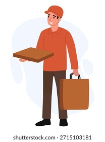 Delivery worker holds pizza box and carries bag while standing in a simple background