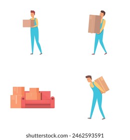 Delivery worker icons set cartoon vector. Worker man in uniform carry furniture. Moving service