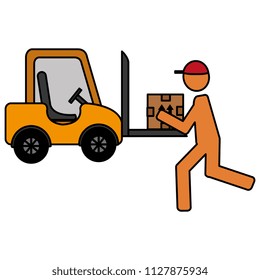 delivery worker lifting box and forklift