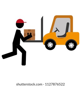 delivery worker lifting box and forklift
