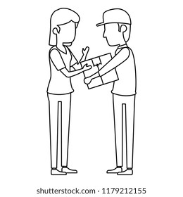 delivery worker lifting box and receiving woman