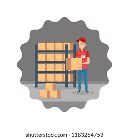 delivery worker lifting box with shelving