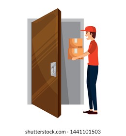 delivery worker lifting boxes with house door