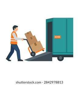 Delivery worker loading boxes into a freight boxcar with a handcart