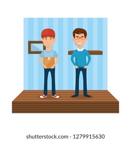 delivery worker with man in the corridor house