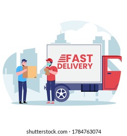 Delivery worker with medical protective mask on his face holding package with fast delivery truck on background. Flat vector illustratoion