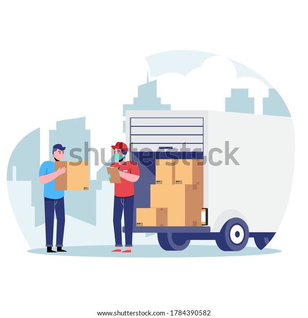 Delivery worker with medical protective mask\
on his face holding package with delivery truck on background. Flat\
vector illustration