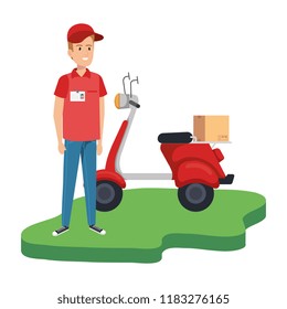 delivery worker in motorcycle and box