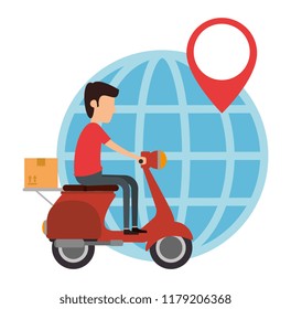 delivery worker in motorcycle and planet
