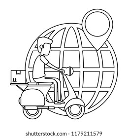 delivery worker in motorcycle and planet