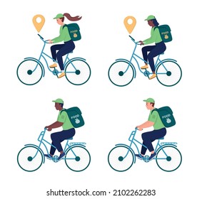 Delivery worker on bicycle semi flat color vector character set. Posing figure. Full body people on white. Shipment isolated modern cartoon style illustration for graphic design and animation bundle
