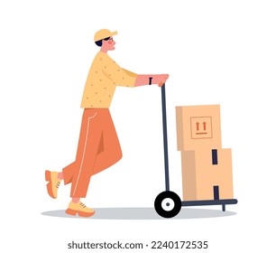 Delivery worker on warehouse icon. Young guy in yellow cap moving boxes. Poster or banner for site. Transportation and logistics. Preparing goods for shipment. Cartoon flat vector illustration