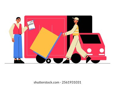 Delivery Worker With Package And Customer Signing Document In Flat Vector Illustration Symbolizing Logistics, Shipping, And Professional Services, Isolated On White Background
