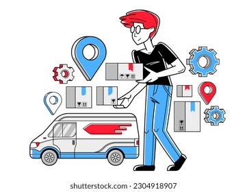 Delivery worker preparing packages vector outline illustration, logistics courier using van for parcels, order goods in a shop and receive it fast and free.