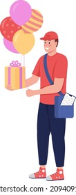 Delivery Worker With Present Semi Flat Color Vector Character. Posing Figure. Full Body Person On White. Birthday Gift Isolated Modern Cartoon Style Illustration For Graphic Design And Animation