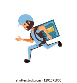 delivery worker running with box of envelopes