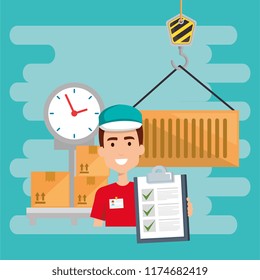 delivery worker with scale balance character