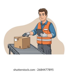 Delivery worker scanning a barcode on a package with a handheld device, illustrating logistics, inventory management, and parcel tracking, a vector illustration of modern shipping process.