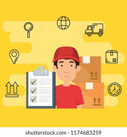 delivery worker with set icons