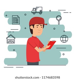 delivery worker with set icons