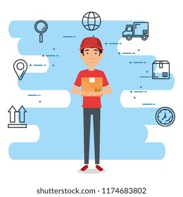 delivery worker with set icons