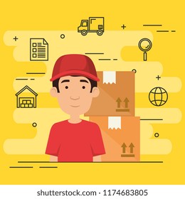 delivery worker with set icons