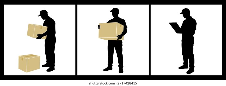 Conjunto de silueta de trabajador de entrega con caja de paquete y Portapapeles.