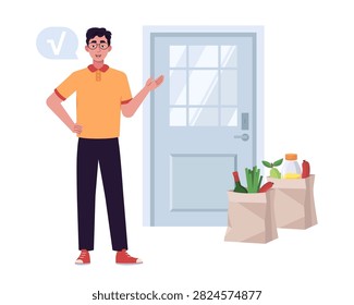 Delivery worker standing beside a front door with paper bags full of groceries. Flat vector illustration for contactless delivery and online shopping.
