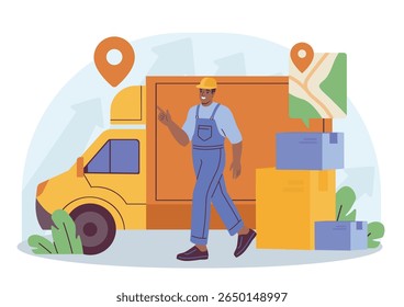 Delivery worker standing beside a yellow truck with stacked boxes and map pin icons, flat cartoon style on white background. Concept of logistics service. Vector illustration