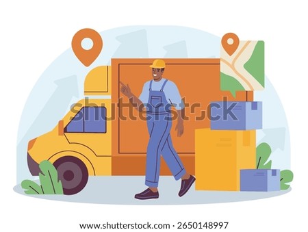 Delivery worker standing beside a yellow truck with stacked boxes and map pin icons, flat cartoon style on white background. Concept of logistics service. Vector illustration