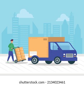 Delivery Worker Truck Scene Stock Vector (Royalty Free) 2134023461 ...