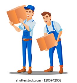 Delivery Worker In Uniform Carries A Heavy Box Vector. Isolated Illustration
