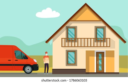 A delivery worker unloaded cardboard boxes from a cargo van and carries them to a client's home. Vector flat style illustration.