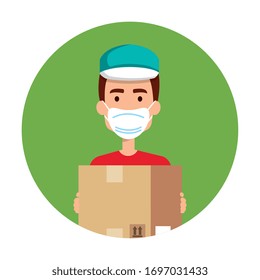 delivery worker using face mask with box carton vector illustration design