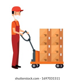 delivery worker using face mask with boxes carton in wheelbarrow vector illustration design